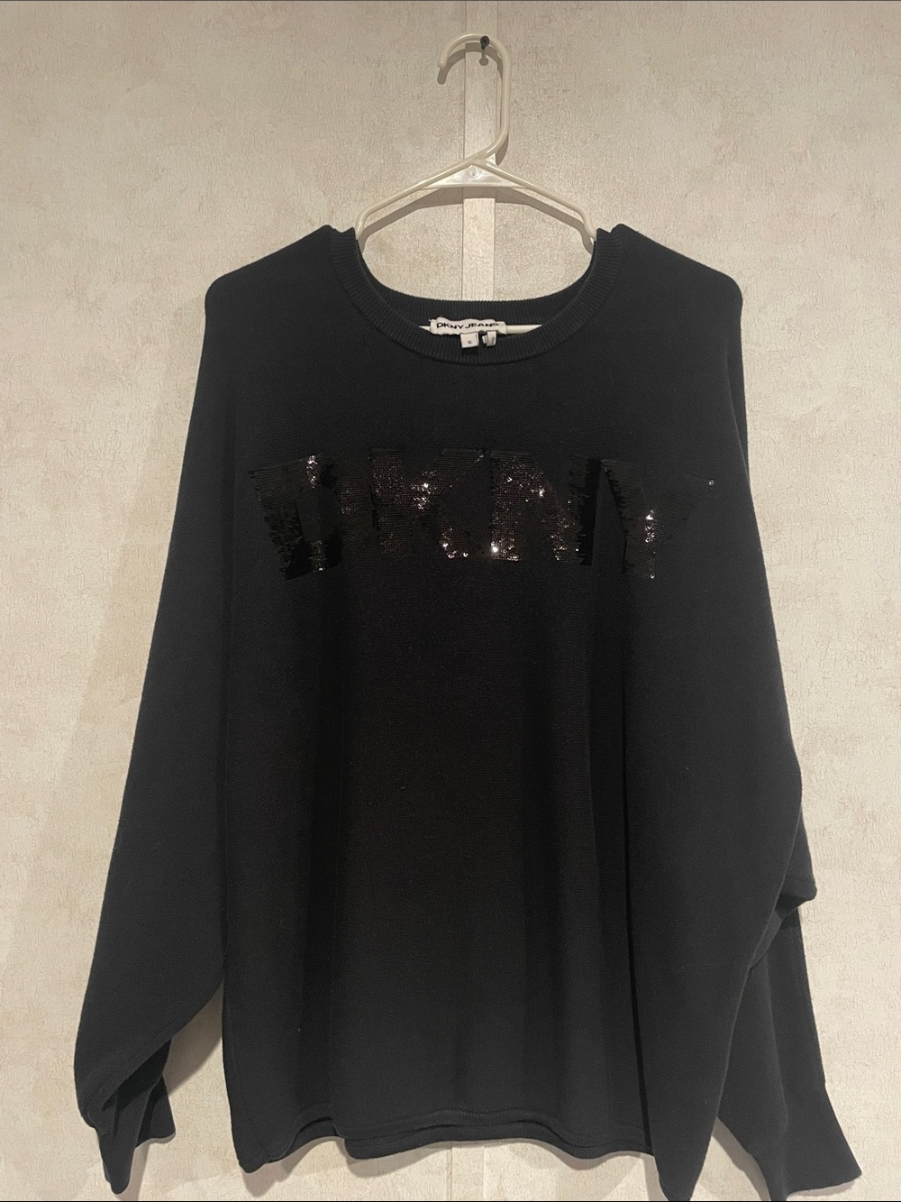 DKNY Jeans Black Sequin Logo Crew Sweatshirt - Womens